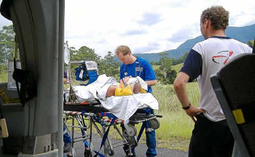 The injured motorcyclist is prepared for the flight to Lismore Hospital. The injured motorcyclist is prepared for the flight to Lismore Hospital.